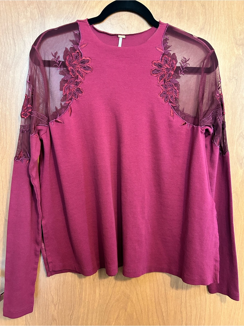 Free People Daniella Sheer Shoulder Top Burgundy - Size S